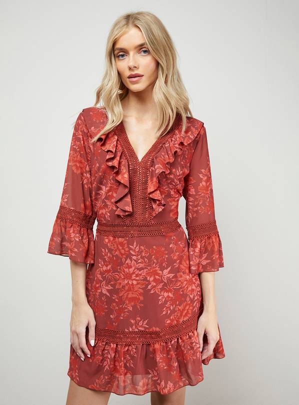 OASIS Printed Lace Detail V Neck Ruffle Mini Dress 8